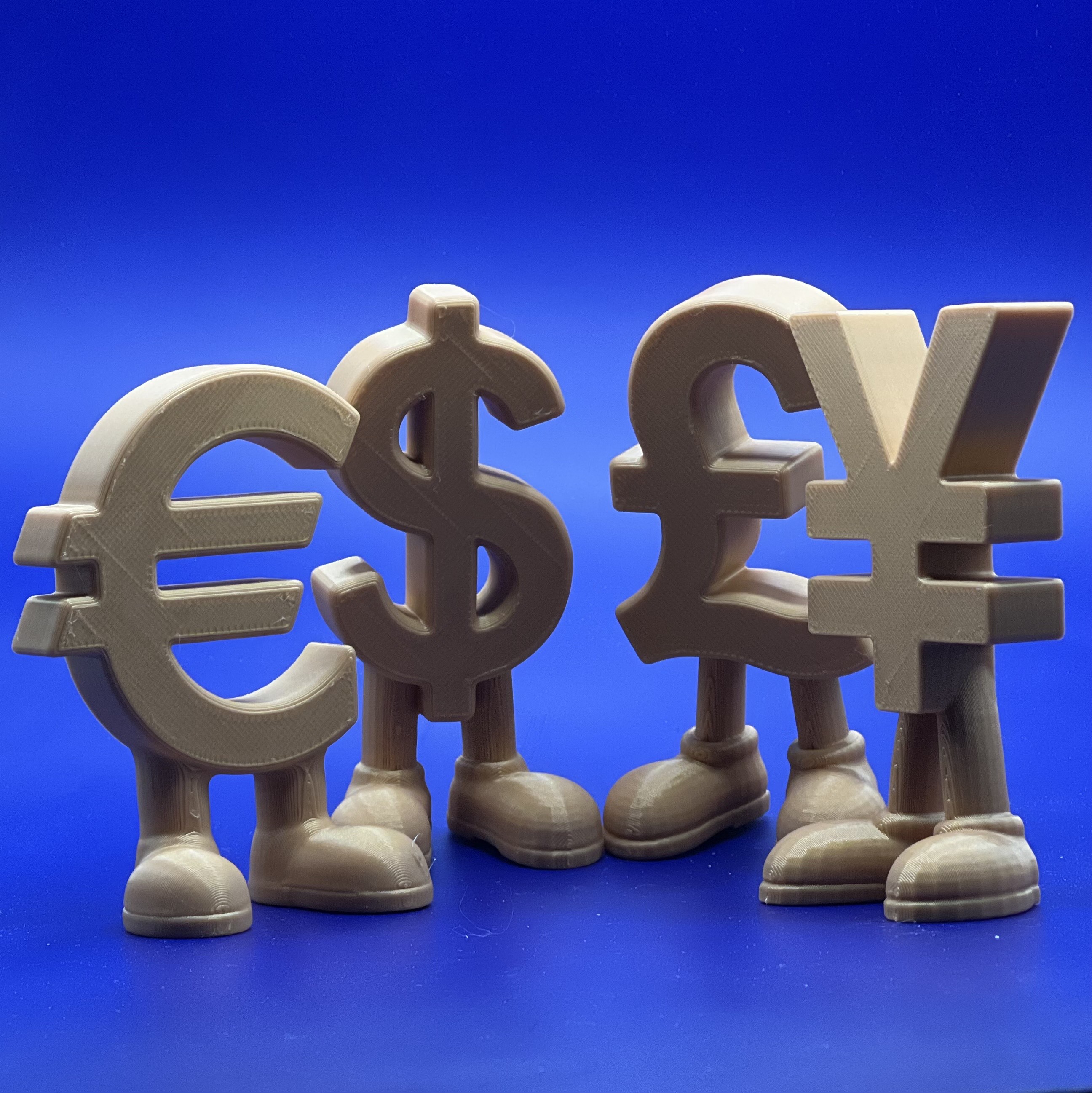 Euro, Dollar, Pound and Yen currency symbols with legs - all four standing together