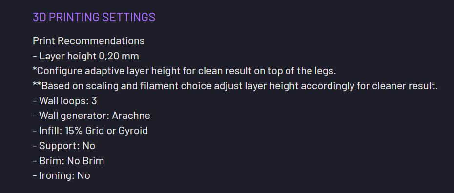 3D print settings - layer height, wall loops, infill, no supports