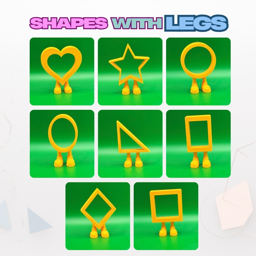 All 8 shapes with legs - heart, star, circle, oval, triangle, rectangle, diamond and square